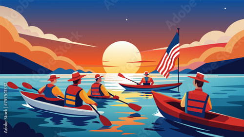 As the sun rises over the calm waters a group of kayakers clad in red white and blue make their way along the shoreline each one proudly displaying a. Vector illustration