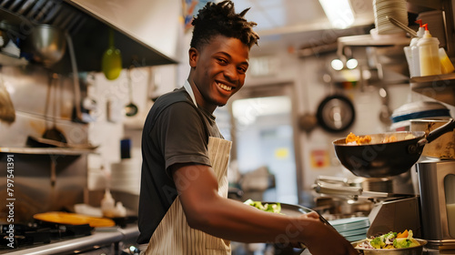 A young adult with hearing loss is enthusiastically preparing food in a city diner. 