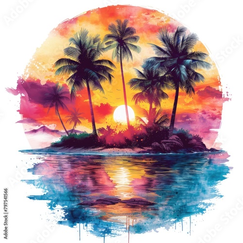 A portrait tropical island paradise, painted in a lush, vibrant watercolor style, with bold, bright colors creating a sense of exoticism and adventure