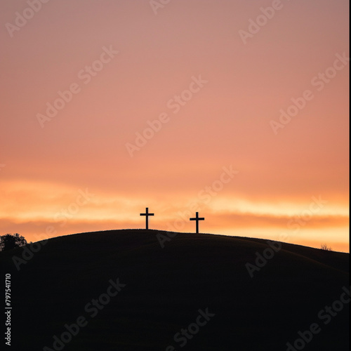  wooden crosses on a hill at sunset.