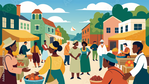 The center of the town square is transformed into a bustling market reminiscent of the first Juneteenth where newly freed slaves sold and traded goods. Vector illustration