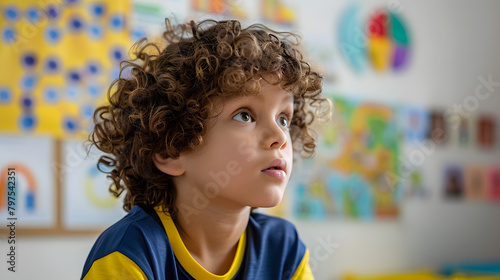A young boy with curly hair wearing blue and yellow shirt is looking at colorful charts on the wall of his school 