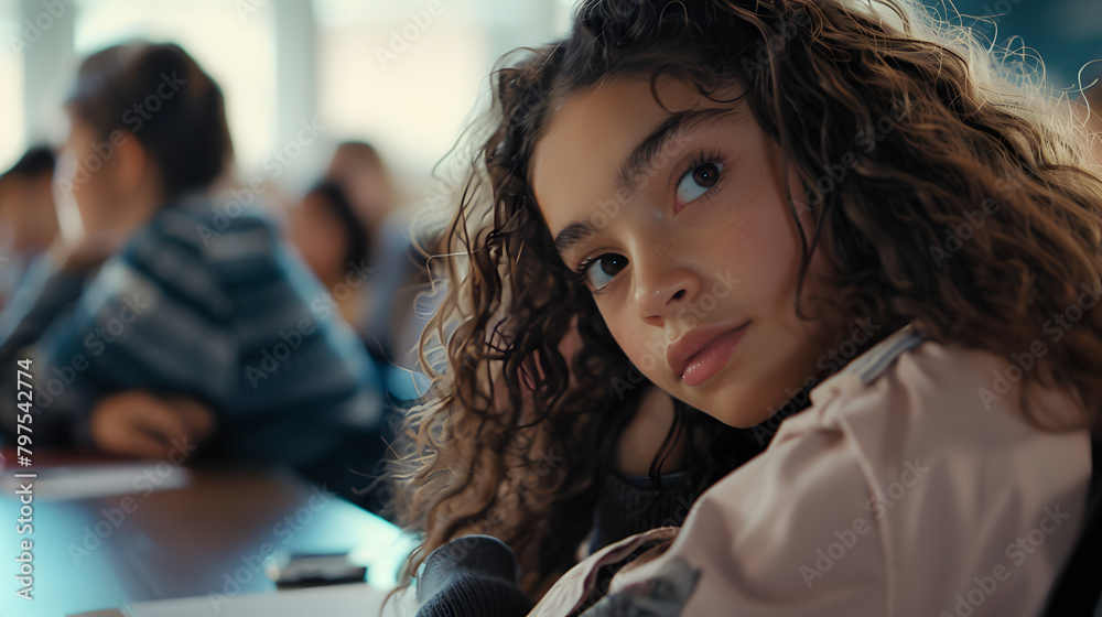 A young girl with long curly hair is sitting at her desk in the ...