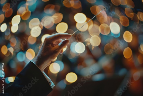 A close-up shot of a conductor's hands and baton, capturing the intricate details of their gestures and the dynamic energy conveyed through the baton's movement.