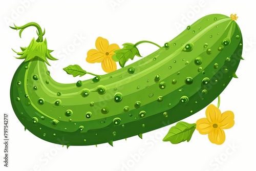 Vibrant Cartoon Cucumber with Yellow Flowers: Cheerful and Ideal for Kids' Books or Garden Designs photo