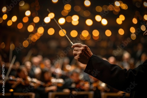 A close-up shot of a conductor's hands and baton, capturing the intricate details of their gestures and the dynamic energy conveyed through the baton's movement.