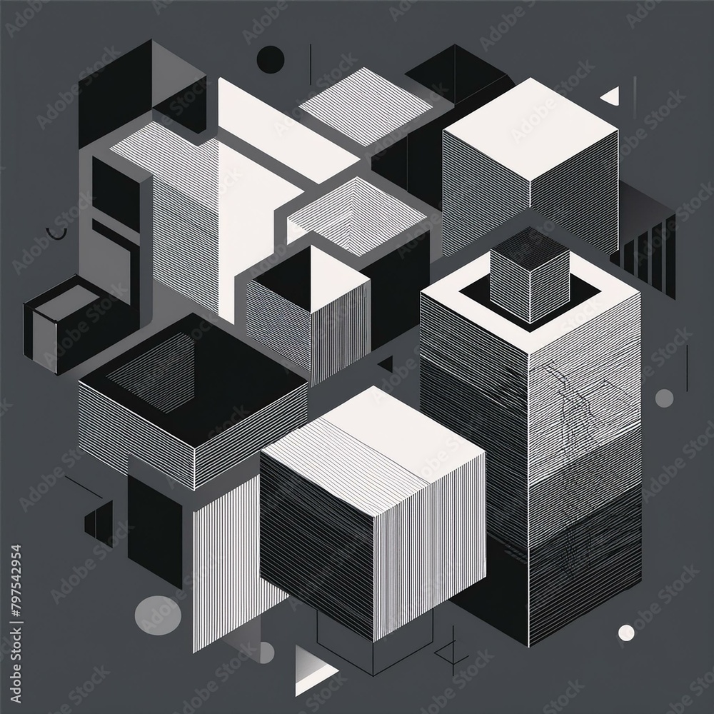 Arrangement of basic geometric figures squares and cubes of different dimensions simplistic brutalism in black and white shades ideal for poster design and prints Arrangement of basic geometric figures squares and cubes of different dimensions simplistic brutalism in black and white shades ideal for poster design and prints