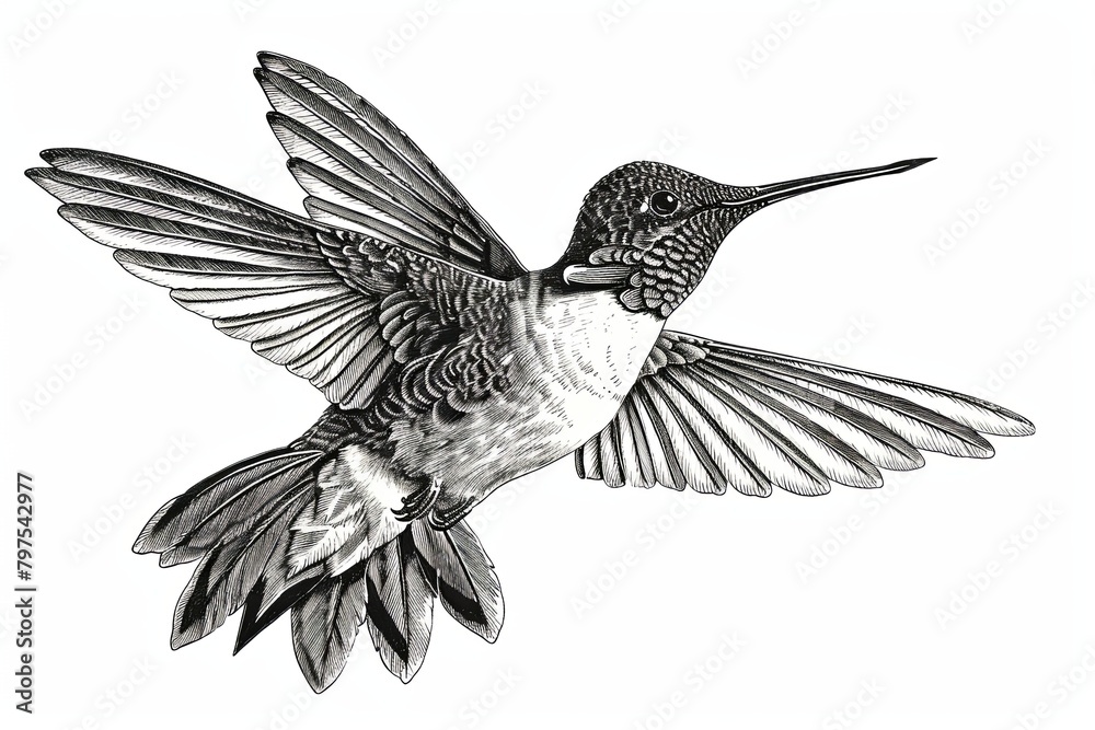 Obraz premium Intricate Black and White Engraving of a Hummingbird in Flight Capturing Feathers' Texture and Wing Movement