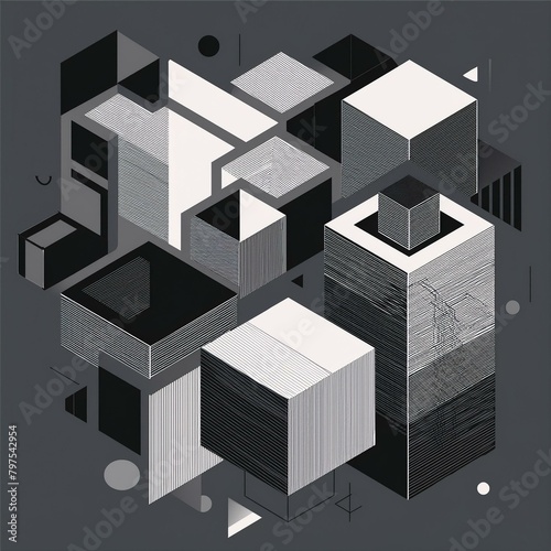 Arrangement of basic geometric figures squares and cubes of different dimensions simplistic brutalism in black and white shades ideal for poster design and prints