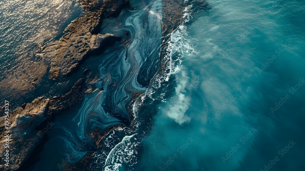 Obraz premium Aerial View of Dramatic Oil Spill Contrasting Blue Ocean Waters