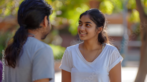 a young indian woman in her late teens. wearing white vneck tshirt and jeans is talking to an Indian man of the same age who has long hair tied back 