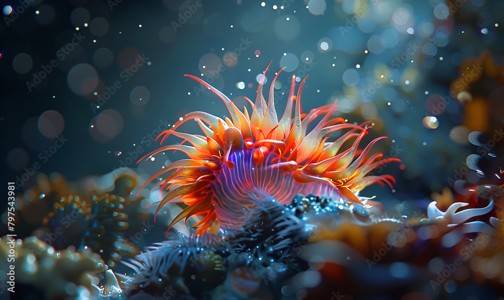 Fototapeta premium A sea anemone catches prey by shocking them Underwater Electrify: Sea Anemone's Capture