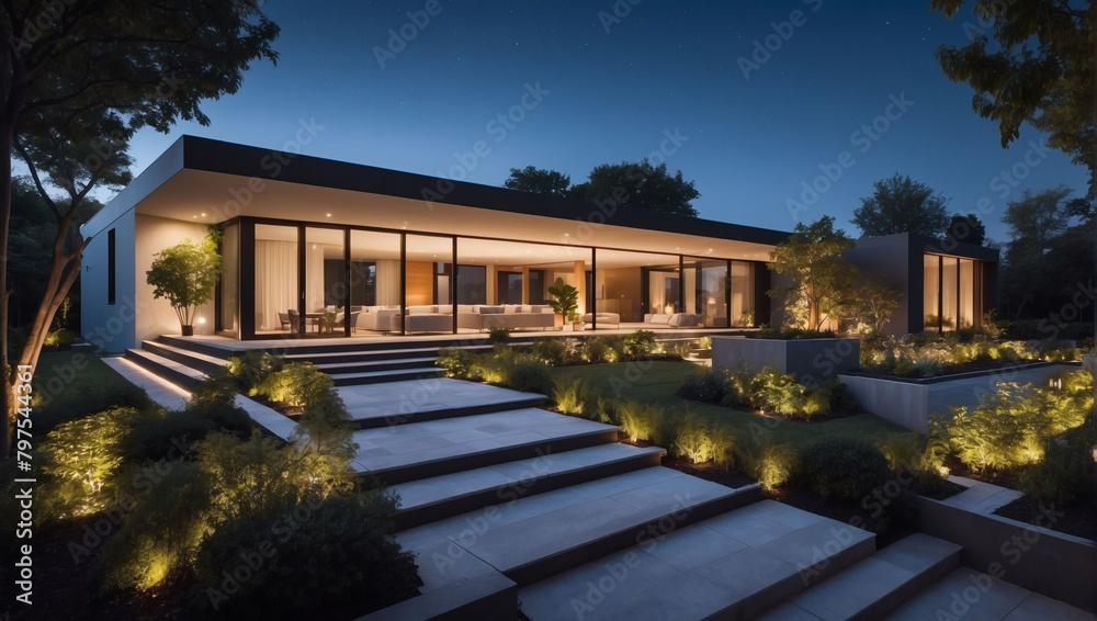 Contemporary residence with illuminated garden at night.