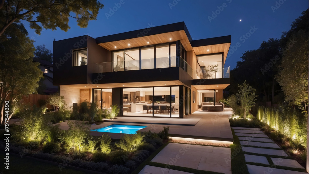 Contemporary residence with illuminated garden at night.