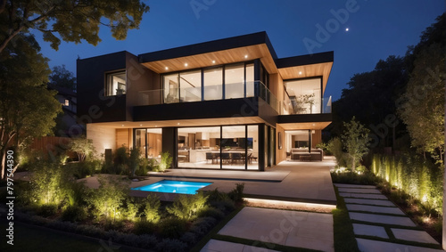 Contemporary residence with illuminated garden at night.