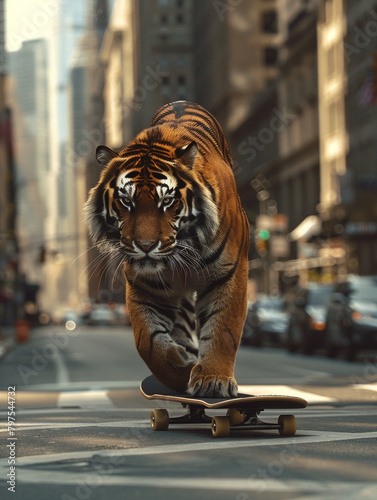 A tiger balancing on a skateboard as it gracefully navigates through a bustling city street, hyper realistic, low noise, low texture