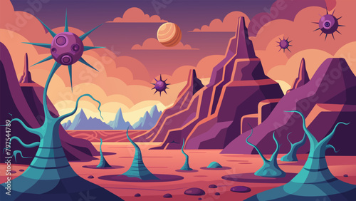 An otherworldly landscape with strange and intricate formations representing the unique shapes and structures of synapses..