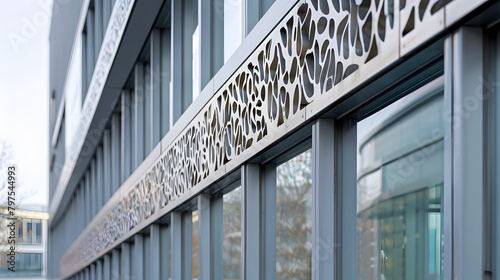 A zoomed-in examination of the plasma-sliced titanium plates on a hospitals facade. demonstrating complex patterns and designs that boost its visual interest. 