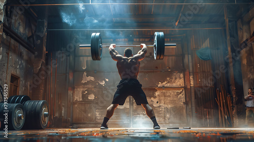 A weightlifter hoisting an immense barbell overhead, muscles straining with effort and determination