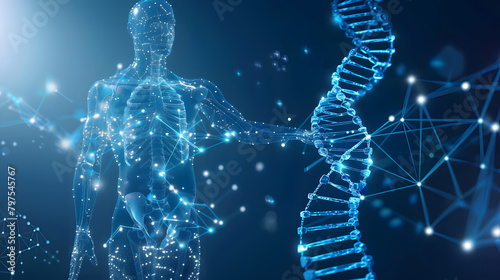 Abstract background with a blue double helix structure representing DNA and a biomedical assistant. Abstract background with a blue double helical model of the human body photo