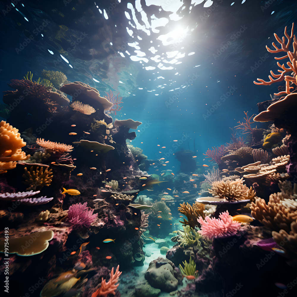 Underwater world with corals and tropical fish. 3d rendering