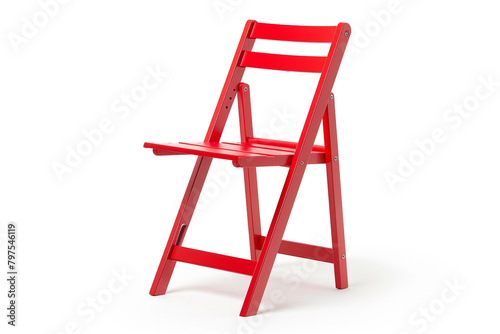 A compact folding desk chair in vibrant red, isolated on a solid white background.