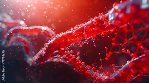 Abstract environment with a red lattice formation representing protein structure and a biochemist. Abstract scene with a red lattice model of the muscle fiber in which one myofibril is highlighted.  photo