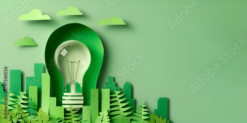 illustration of paper cut light bulb with green eco city nature Environmental and ecology concept sustainable development