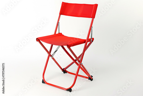 A compact folding desk chair in vibrant red, isolated on a solid white background.