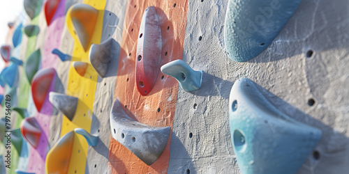 wall with rock climbing grips, Closeup of hands on bright colored grips on a climbing wall. 
 photo