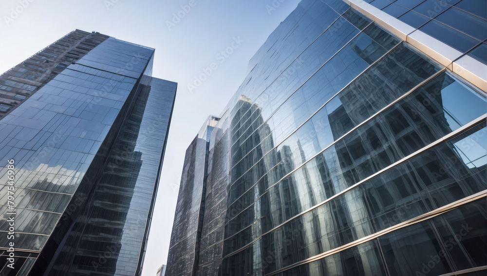 Detailed close-up of sleek glass facades reflecting the skyline in modern office buildings.