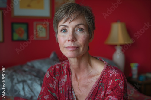 Mujer 50s, su cara denota cansancio, sentada en la cama de su dormitorio, paredes rojas, padeciendo de insomnio, en pijama, vista de frente photo