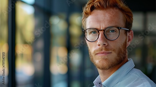 The face of a man wearing glasses standing in an office, behind a large mirror, the background is blurred.Generative AI illustration.