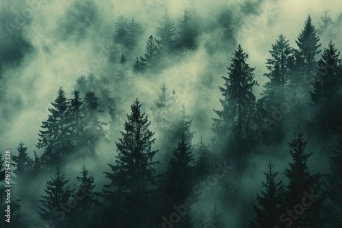 Misty evergreen forest with silhouetted trees under a grey cloudy sky