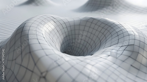 Abstract setting with a white grid structure illustrating spacetime curvature and a theoretical physicist. Abstract scene with a white grid model of the universe photo