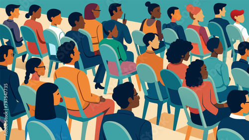 Rows of chairs filled with people of all ages patiently waiting to hear powerful spoken word pieces highlighting the importance of liberty and justice. Vector illustration