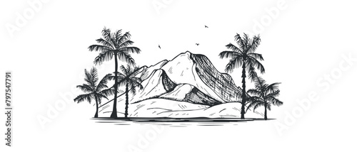  hand drawing of mountains and palm trees vector. hawaii vector sketch © bleskk
