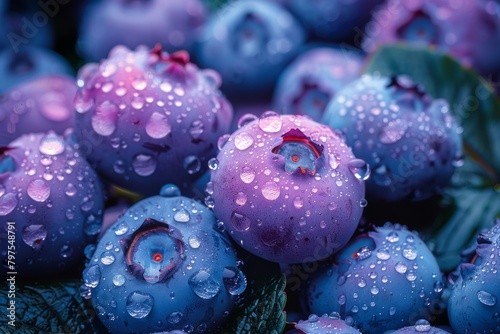  a bouquet of fresh blueberries surrounded by raindrops, deep blue and violet skin color, 