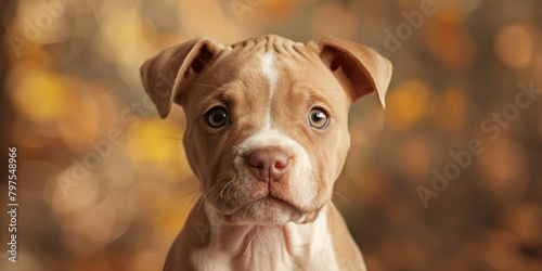 potrait of a Brown pet American pit bull terrier puppy cute over blur background sitting ground photo