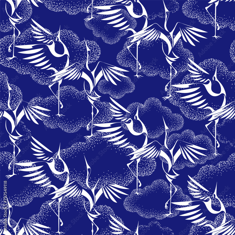 Naklejka premium white silhouettes of cranes on the background of unusual clouds drawing in the dot technique. Seamless pattern, repeating background in two colors - blue and white