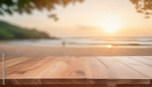 Classic Coastal Charm: Wood Tabletop on Blurred Beach Background