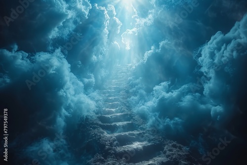 Stone steps Stairway to heaven in heavenly concept. Religion background. Stairway to paradise in a spiritual concept. Stairway to light in spiritual fantasy. Path to the sky and clouds. God light.