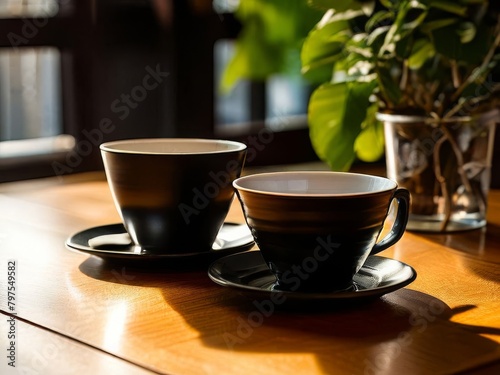 Two black mugs of coffee stand on a wooden table. It’s morning or lunch outside, white sunlight from the window. Cafe or restaurant, background blurred. Copy space.