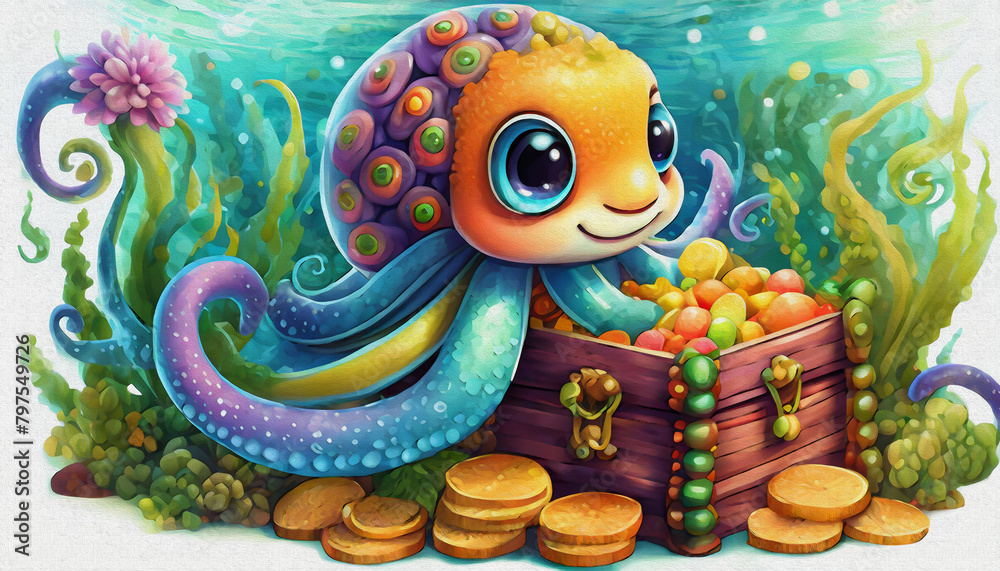CARTOON CHARACTER CUTE baby Octopus at the bottom of the sea guards a treasure chest, gold coins CARTOON CHARACTER CUTE baby Octopus at the bottom of the sea guards a treasure chest, gold coins