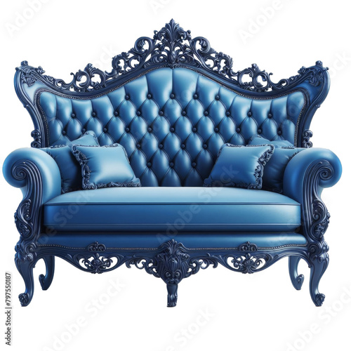 Transparent image of a blue coloured two-seater retro vintage style sofa couch with blue coloured pillows photo