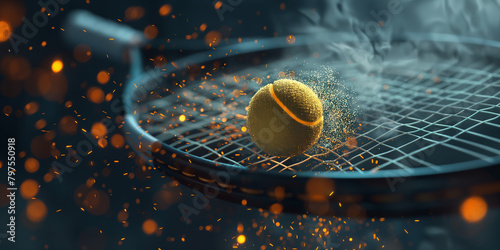 Tennis Schläger und Tennis Ball im schönen dunklen Licht und effektvollen Hintergrund photo