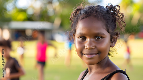 an aboriginal girl wearing athletic wear. she is facing the camera and standing on school ground with her friends playing footy in the background  photo