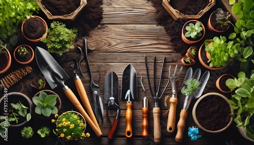 Wooden plant background with gardening tools, plant care concept
