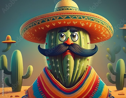 A Mexican cactus character wearing a traditional sombrero and mustache photo