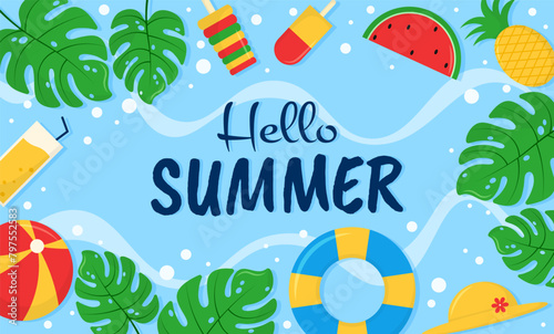 Hello summer card banner pool party with summer elements tropical season greeting background illustration
